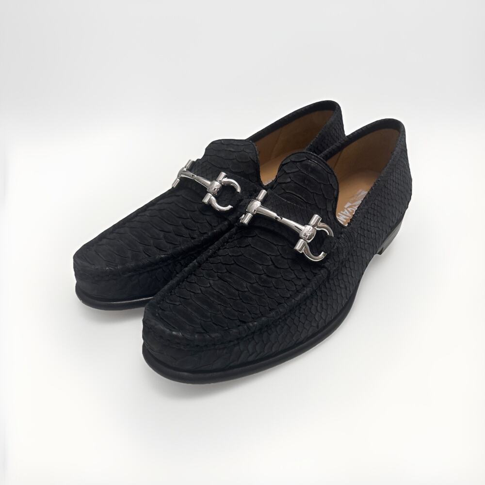Ferragamo Suede Snake Python Pattern Black Loafer… - image 1